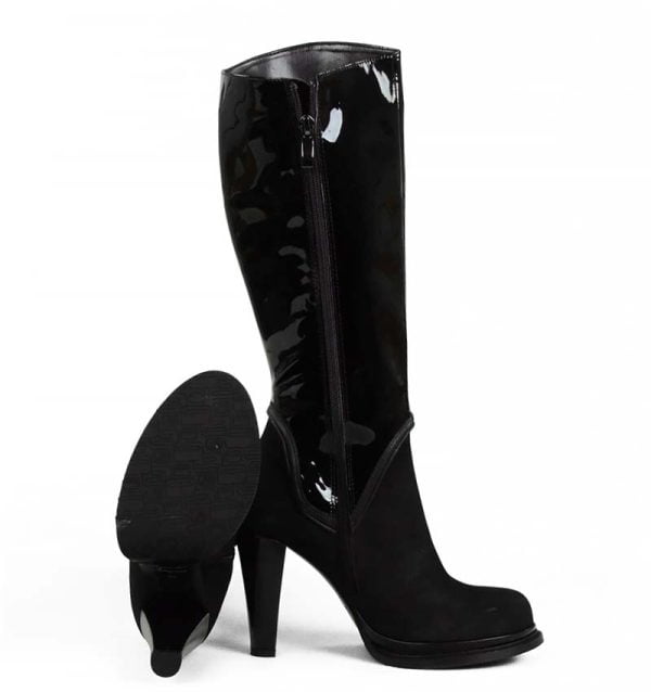 Kozaki czarne platforma skóra nubuk lakier słupek - bokiem