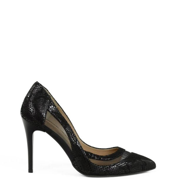 Czółenka szpilki czarne zamsz tłoczony siateczka - bokiem