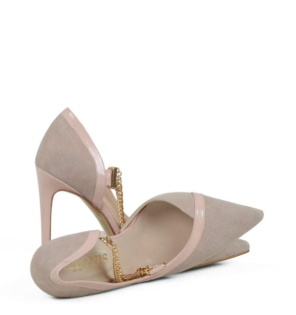 Czółenka beżowe zamszowe różowa lamówka i szpilka - z przodu