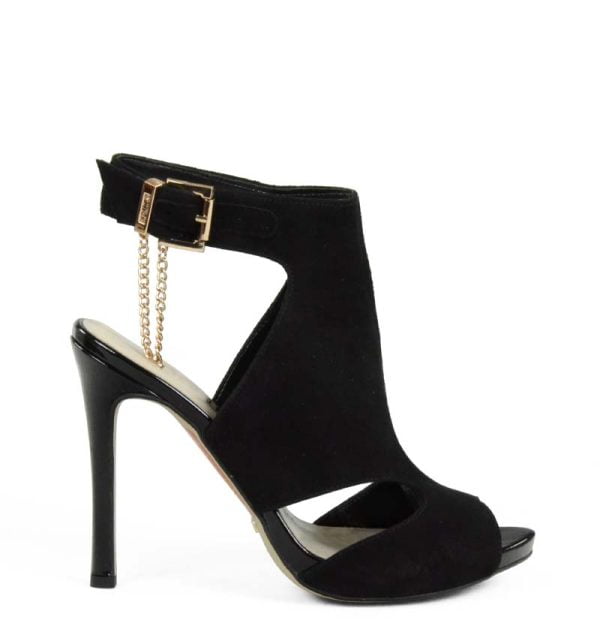 Czarne, zamszowe botki letnie na szpilce - bokiem