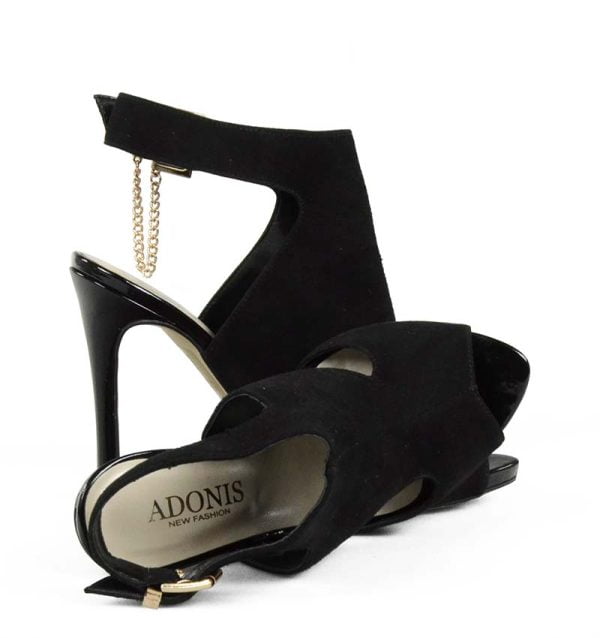 Botki sandałki czarne zamszowe złoty łańcuszek - z przodu