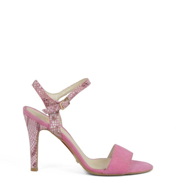 Sandałki różowe szpilki zamszowe - bokiem