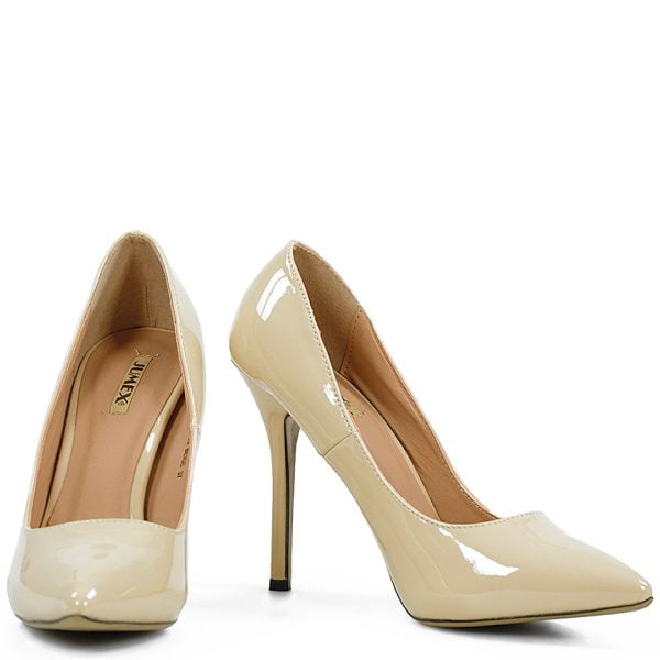 Czółenka beżowe szpilki lakierki szpic - obrazek 4