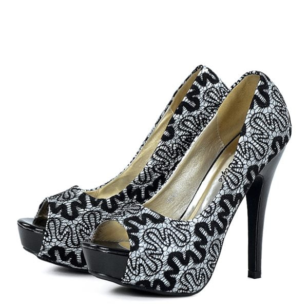 Czółenka czarne brokatowe koronka open toe - obrazek 6