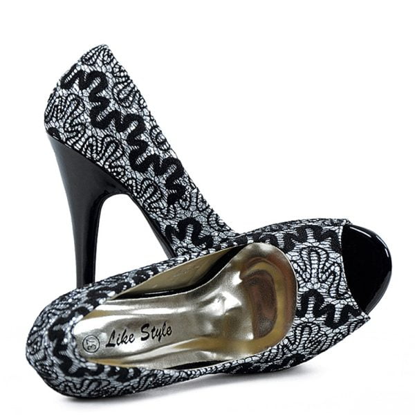 Czółenka czarne brokatowe koronka open toe - obrazek 2