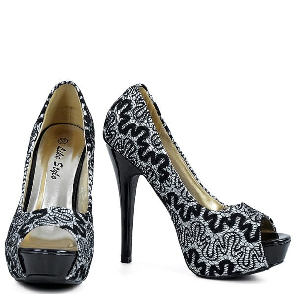 Czółenka czarne brokatowe koronka open toe - obrazek 3