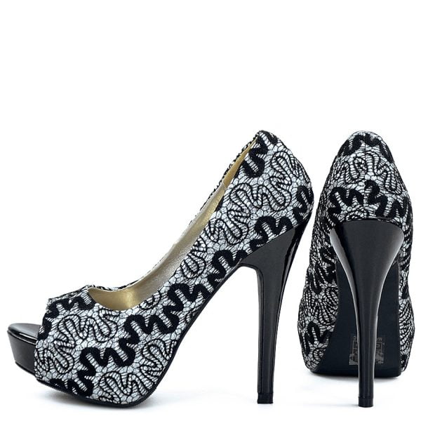 Czółenka czarne brokatowe koronka open toe - obrazek 4