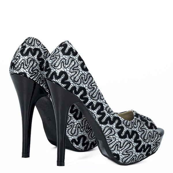 Czółenka czarne brokatowe koronka open toe - obrazek 5