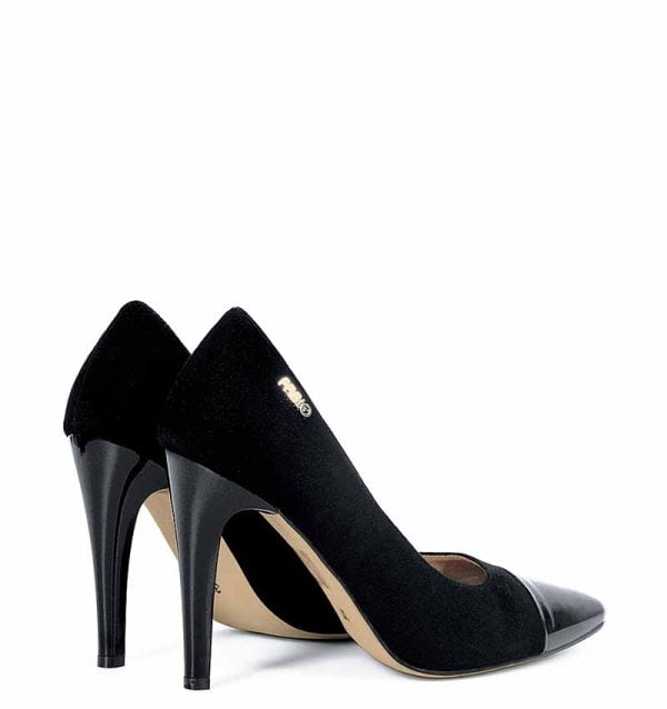 Czółenka czarne zamszowe z lakierowanym szpicem - obrazek 3