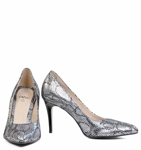 GASSU Czółenka AOI srebrne szpilki wężowe - z przodu