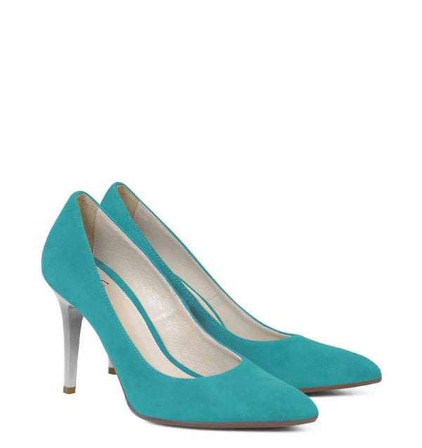 Czółenka turkusowe AOI szpilki skóra zamsz srebrny obcas - po skosie