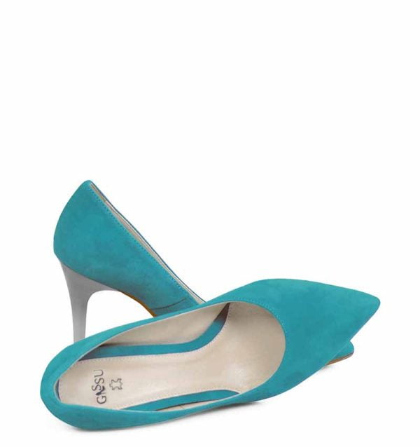 Czółenka turkusowe AOI szpilki skóra zamsz srebrny obcas - z przodu