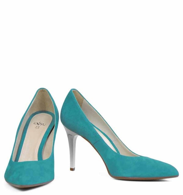 Czółenka turkusowe AOI szpilki skóra zamsz srebrny obcas - z przodu