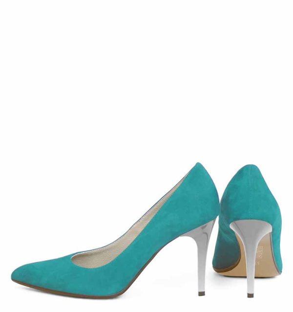 Czółenka turkusowe AOI szpilki skóra zamsz srebrny obcas - z tyłu