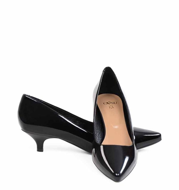 GASSU Czółenka MICHELLE czarne lakierki niska szpilka - obrazek 3