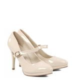 jasnobeżowe czółenka na wysokiej szpilce z paskiem. Ozdobione delikatnym, złotym paseczkiem nad obcasem. Cienka platforma