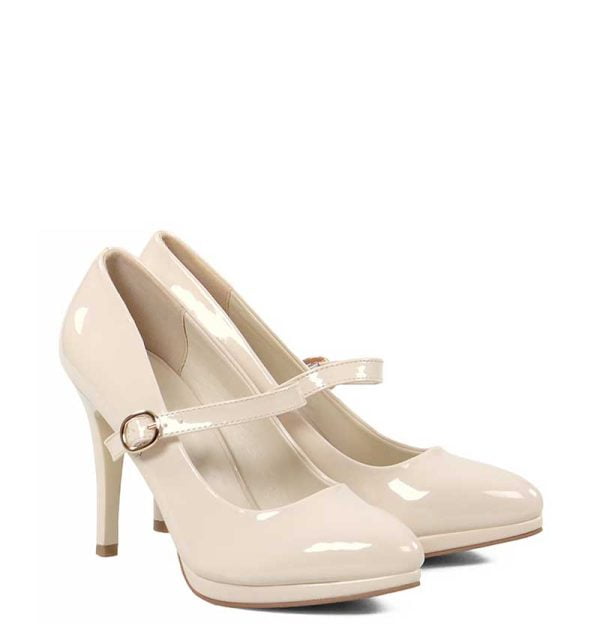 jasnobeżowe czółenka na wysokiej szpilce z paskiem. Ozdobione delikatnym, złotym paseczkiem nad obcasem. Cienka platforma