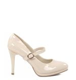 jasnobeżowe czółenka na wysokiej szpilce z paskiem. Ozdobione delikatnym, złotym paseczkiem nad obcasem. Cienka platforma