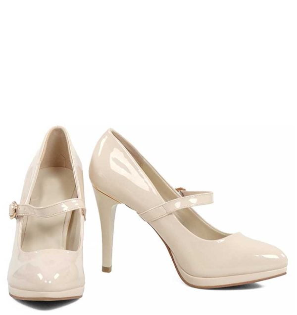 jasnobeżowe czółenka na wysokiej szpilce z paskiem. Ozdobione delikatnym, złotym paseczkiem nad obcasem. Cienka platforma