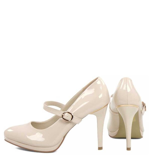 jasnobeżowe czółenka na wysokiej szpilce z paskiem. Ozdobione delikatnym, złotym paseczkiem nad obcasem. Cienka platforma