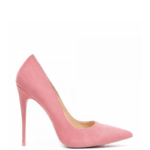 Różowe zamszowe szpilki na wysokim obcasie - bokiem