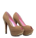 Czółenka z dżetami na słupku ciemny beż open toe - obrazek 2