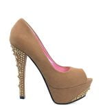 Beżowe szpilki na platformie z ozdobnymi dżetami. Wysoka 4 cm platforma niweluje wysoki obcas. Buty wykonane z zamszu ekologicznego.