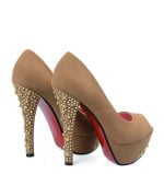 Czółenka z dżetami na słupku ciemny beż open toe - obrazek 3