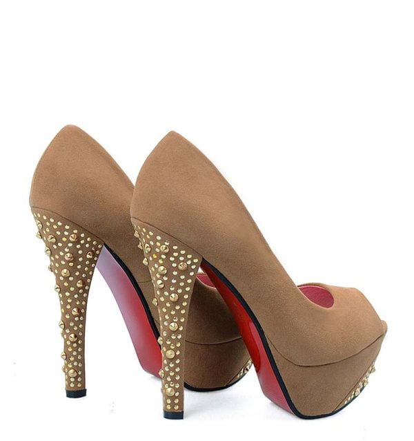 Czółenka z dżetami na słupku ciemny beż open toe - obrazek 3