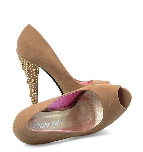 Czółenka z dżetami na słupku ciemny beż open toe - obrazek 4