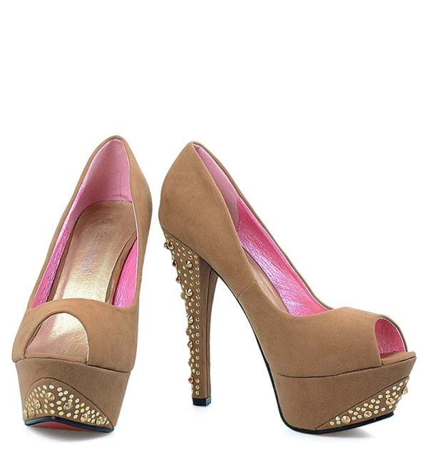 Czółenka z dżetami na słupku ciemny beż open toe - obrazek 6