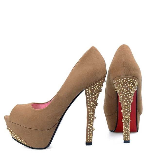 Czółenka z dżetami na słupku ciemny beż open toe - obrazek 5