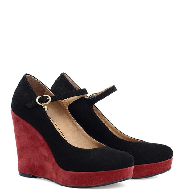 Czółenka zamszowe czarno- bordowe na koturnie - obrazek 2