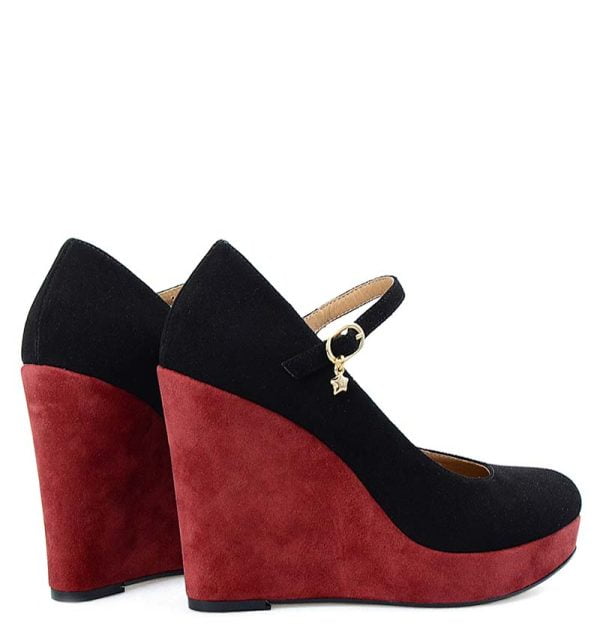 Czółenka zamszowe czarno- bordowe na koturnie - obrazek 3