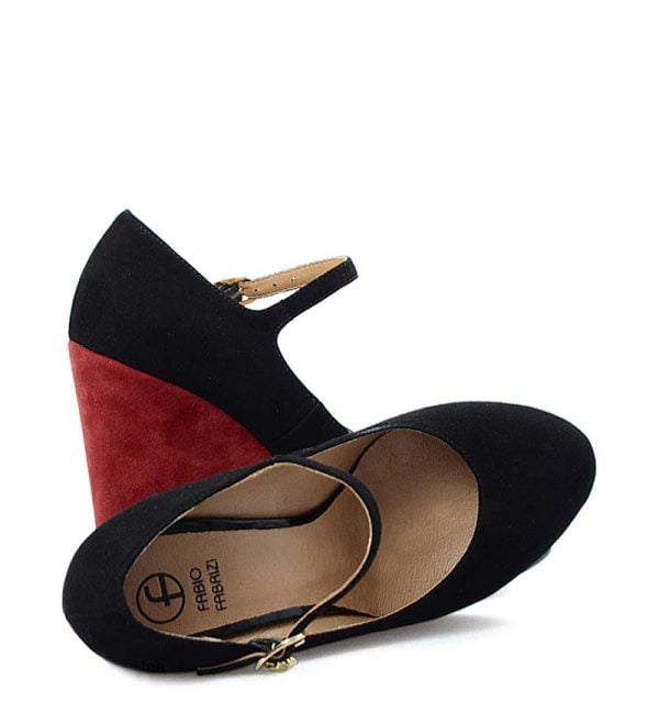 Czółenka zamszowe czarno- bordowe na koturnie - obrazek 4