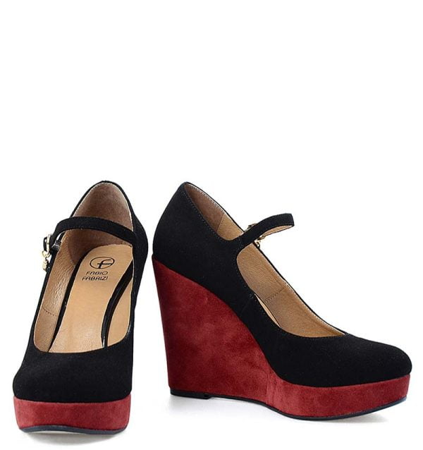 Czółenka zamszowe czarno- bordowe na koturnie - obrazek 6