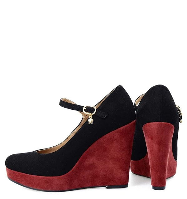 Czółenka zamszowe czarno- bordowe na koturnie - obrazek 5