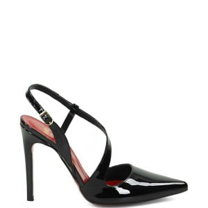 Elise marki GASSU Czarne szpilki z paseczkiem na pięcie.  Buty wykonane z lakierowanej skóry naturalnej.