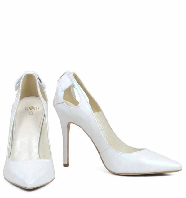 GASSU Czółenka EVIE białe perłowe kokardka - z przodu