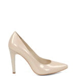 Klasyczne, czółenka damskie z lakierowanej skóry naturalnej w kolorze pudrowego różu. Stabilna, cienka szpilka i delikatne profilowanie