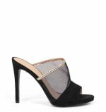 Klapki czarne szpilka siateczka złoty pasek - bokiem