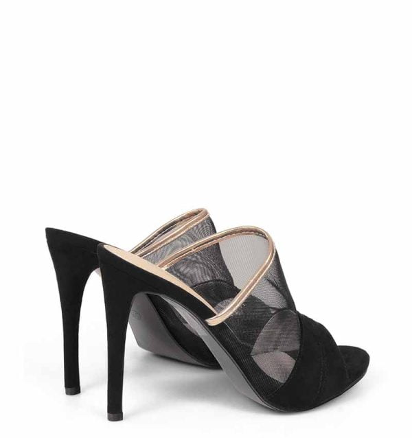 Klapki czarne szpilka siateczka złoty pasek - po skosie