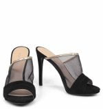 Klapki czarne szpilka siateczka złoty pasek - z przodu