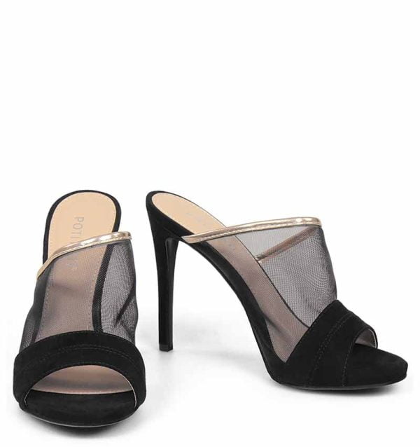 Klapki czarne szpilka siateczka złoty pasek - z przodu