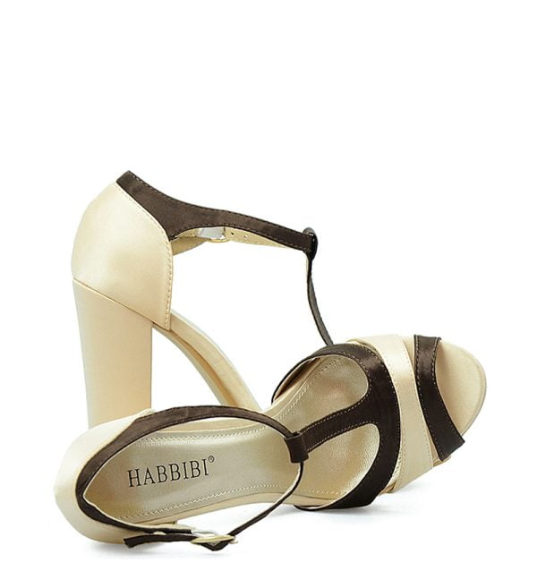 Sandałki beżowo-brązowe satyna słupek - obrazek 2