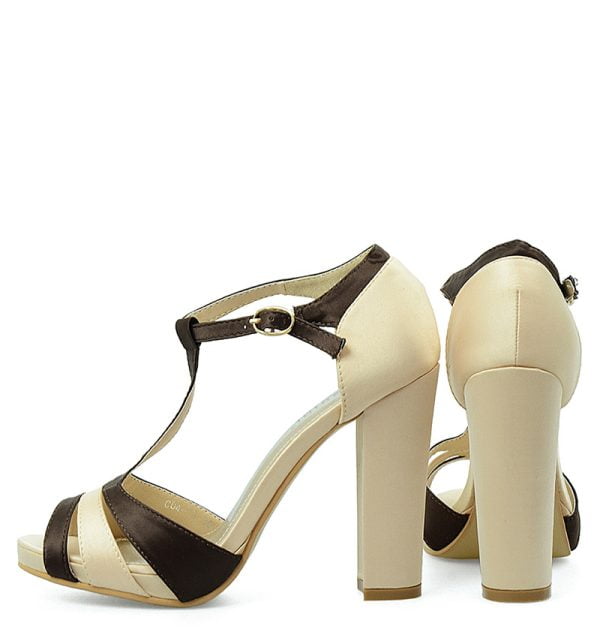 Sandałki beżowo-brązowe satyna słupek - obrazek 4