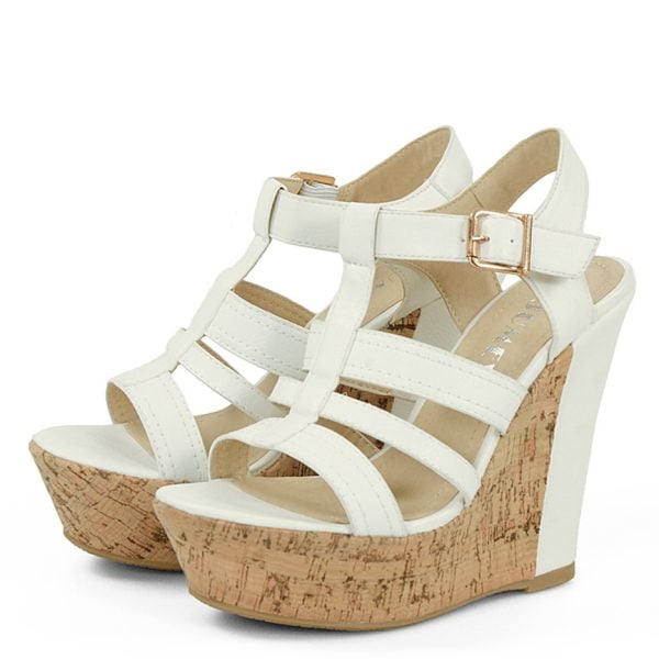 Sandałki białe na korkowym koturnie - obrazek 2