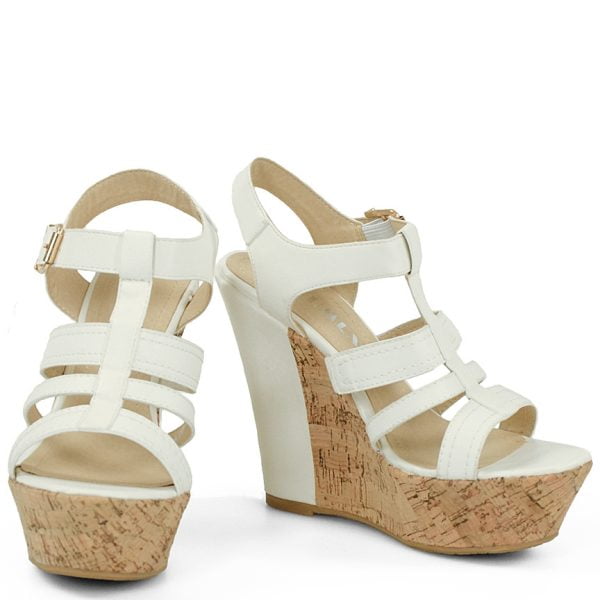 Sandałki białe na korkowym koturnie - obrazek 5