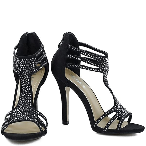 Sandałki botki czarne zamsz z cyrkoniami szpilki - obrazek 2