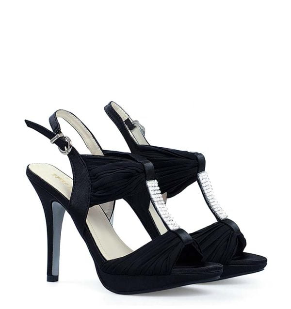 Sandałki czarne wizytowe satyna i cyrkonie szpilki - obrazek 2